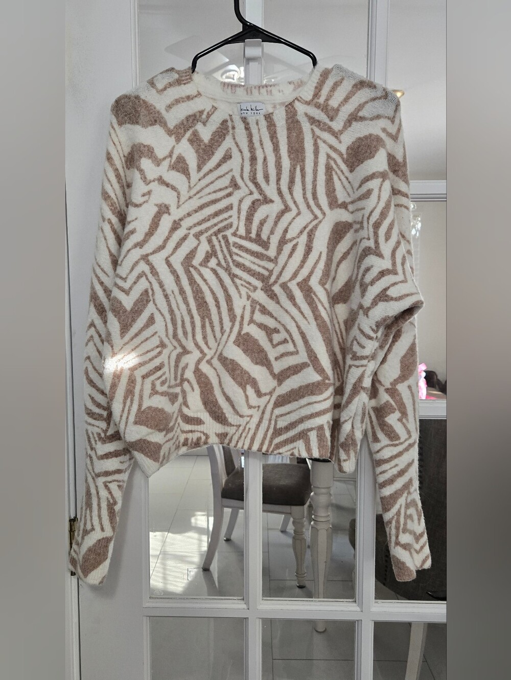 Nicole Miller Cream and Taupe Zebra-Pattern Crewneck Sweater
